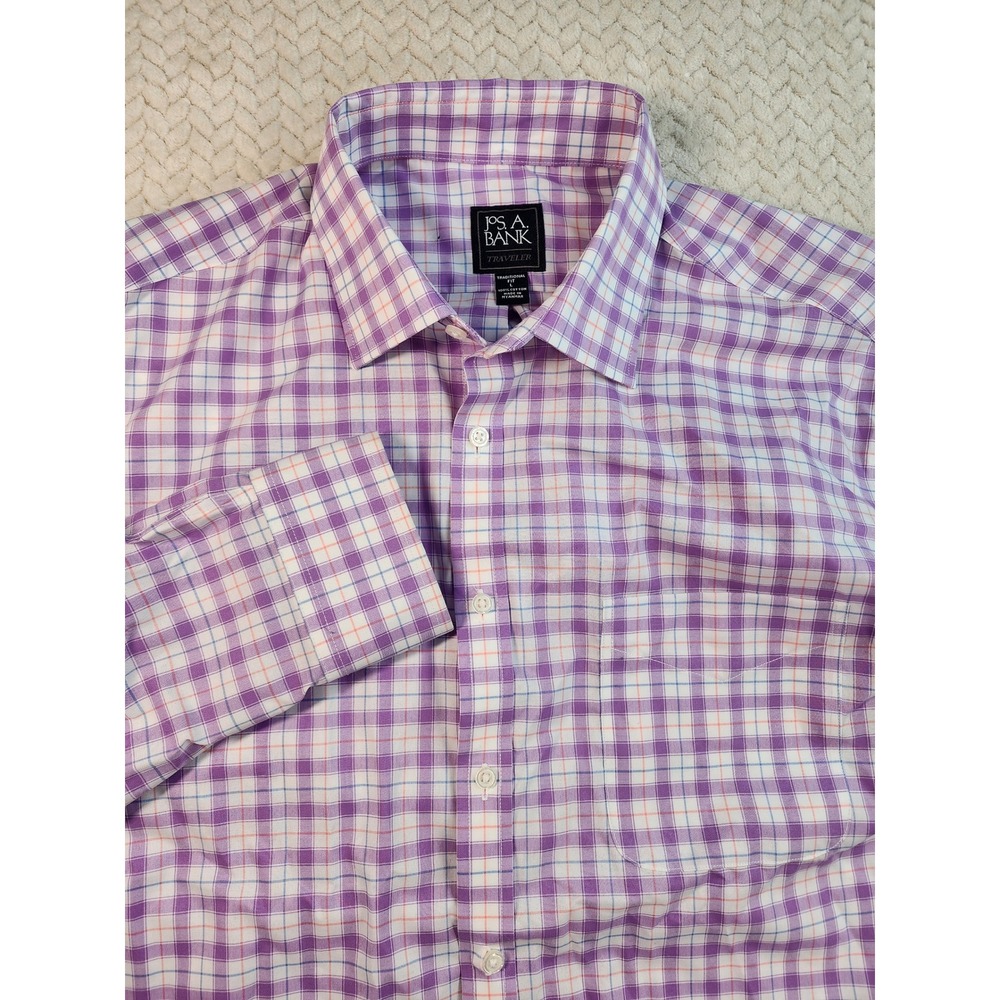 Jos A Bank Traveler Mens L Large Purple‎ Plaid Long Sleeve Dress Shirt NWT